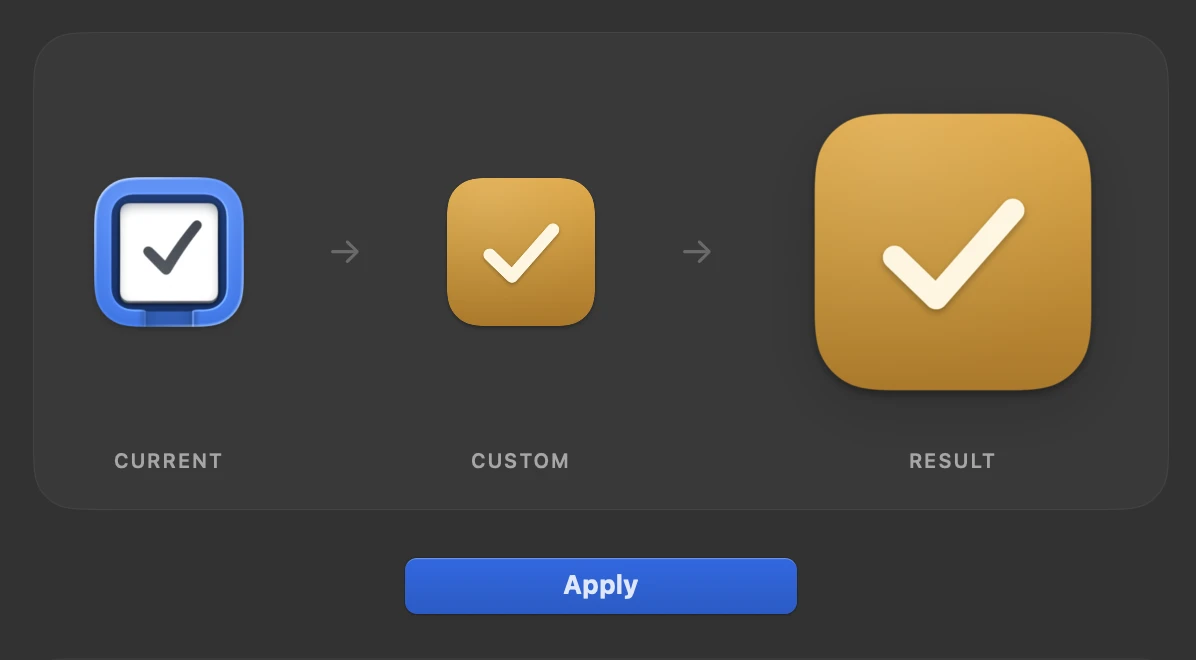Signa’s preview: the current icon, the image you chose and the finished icon, above an Apply button.