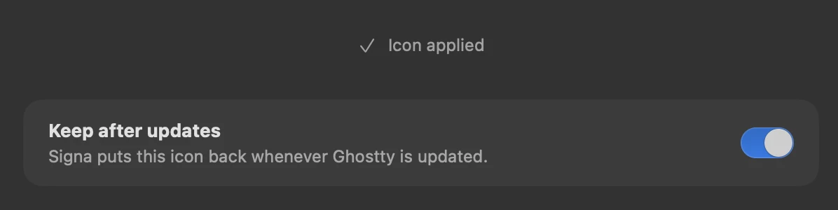 Icon applied, and below it the Keep after updates switch, turned on.