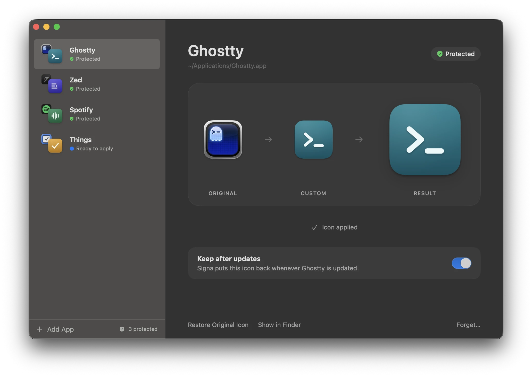 The Signa window. Four apps are listed with their custom icons; Ghostty is selected, showing its original icon, the custom artwork and the result, with Keep after updates switched on.